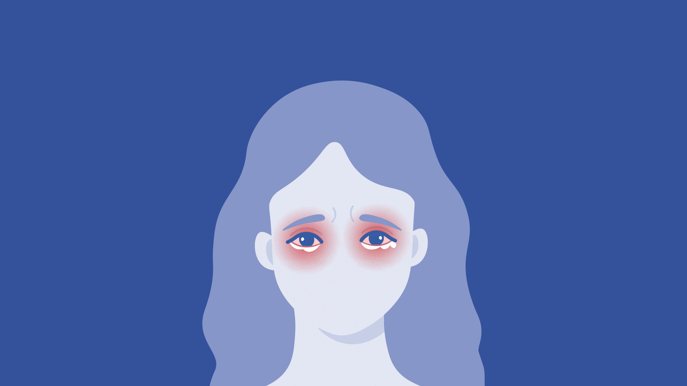 Illustrierter Frauenkopf in Blau mit rot umrahmten, tränenden Augen