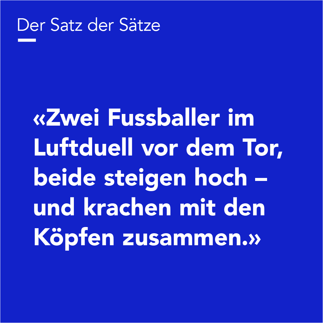 Teaser für einen Artikel von Redact mit dem Satz «Zwei Fussballer im Luftduell vor dem Tor, beide steigen hoch – und krachen mit den Köpfen zusammen.»